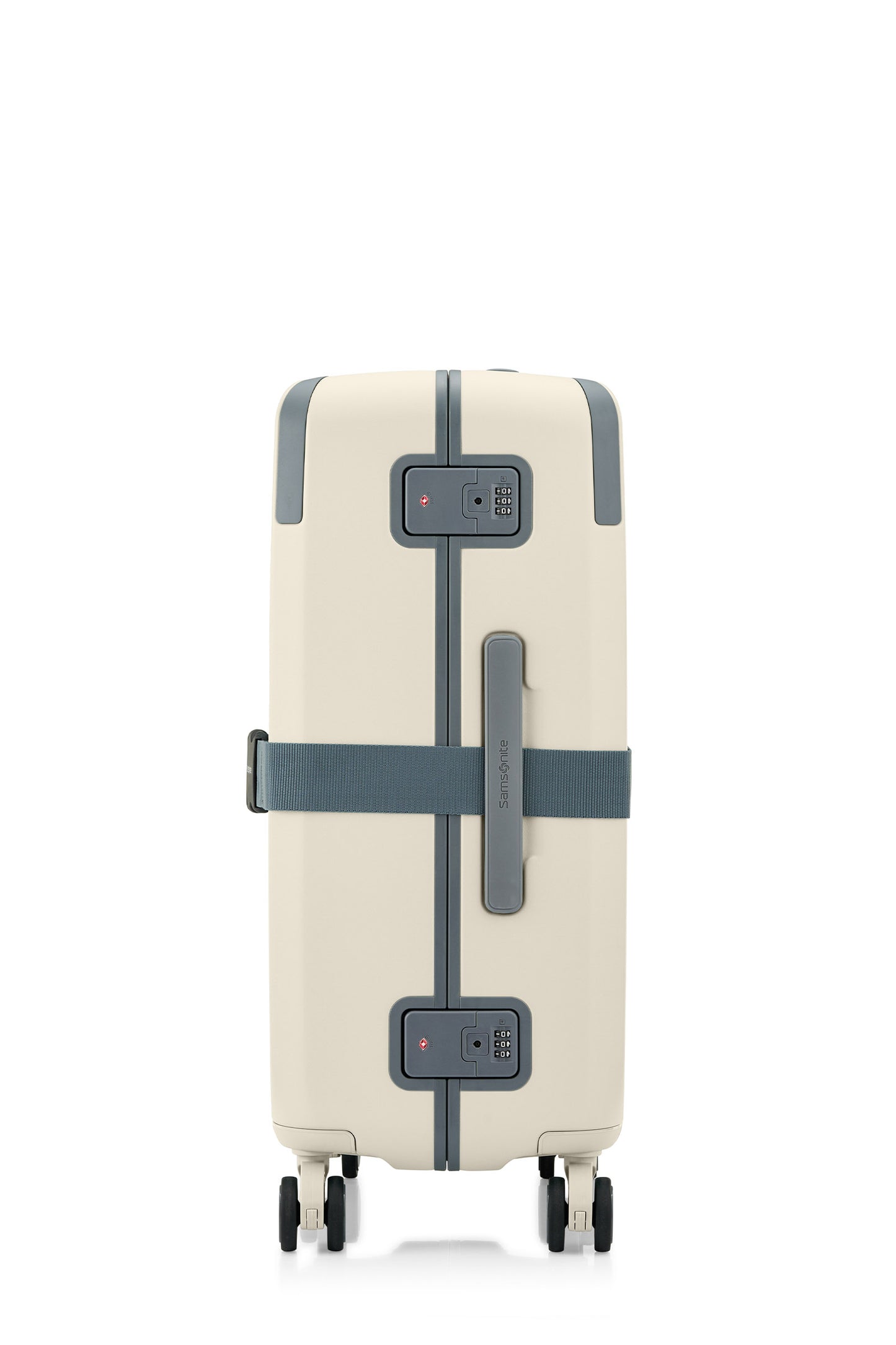 Side view of the Evox Spinner Medium luggage in Beige strapped. Shop the Collection Online.