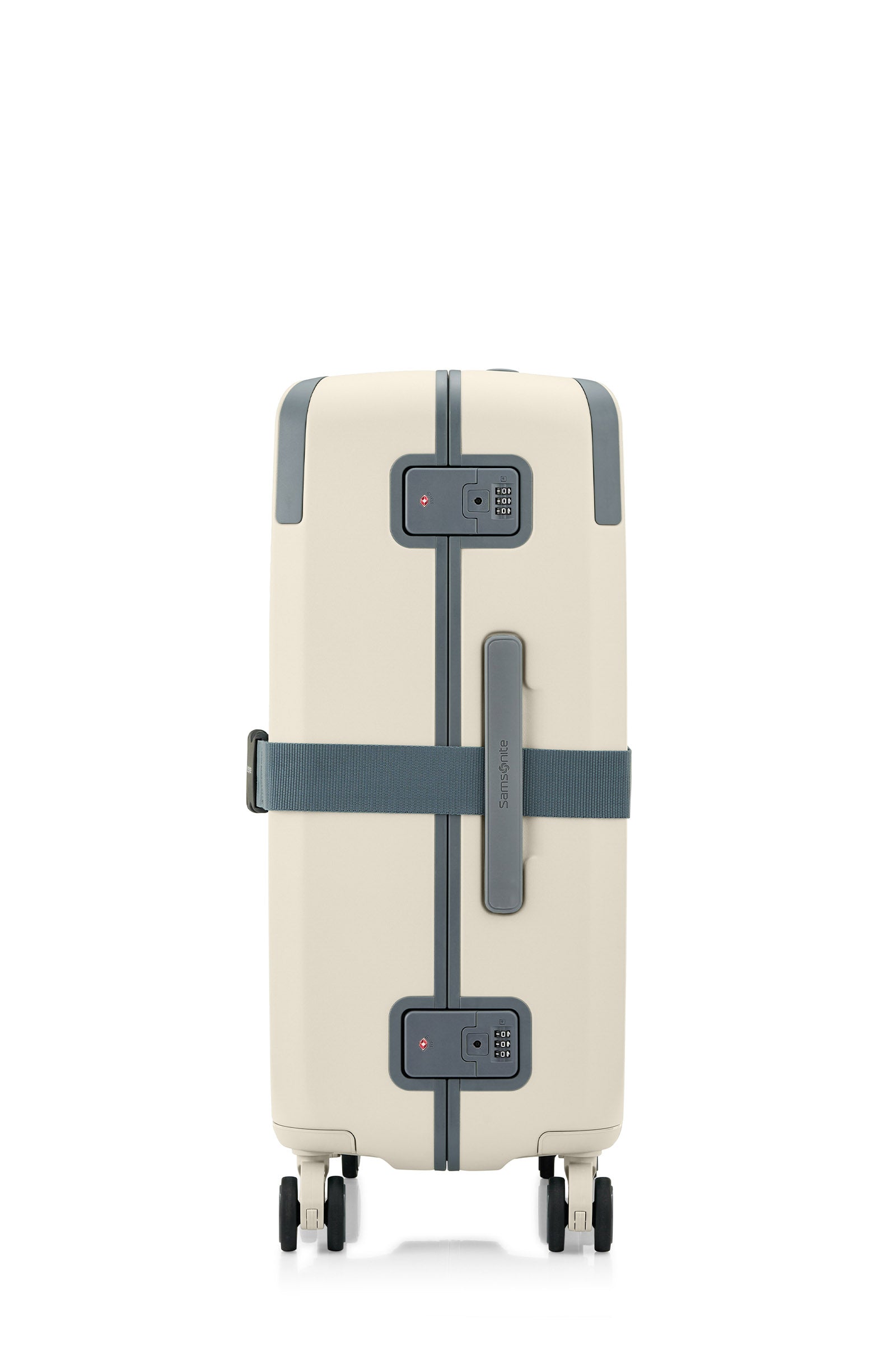 Side view of the Evox Spinner Medium luggage in Beige strapped. Shop the Collection Online.