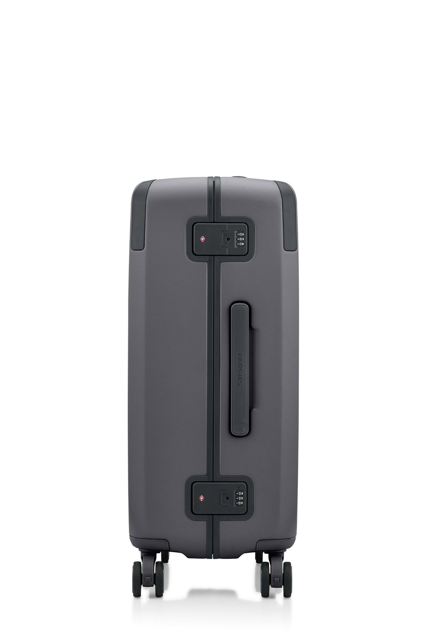 Side view of the Evox Spinner Medium luggage in Graphite. Shop the Collection Online.