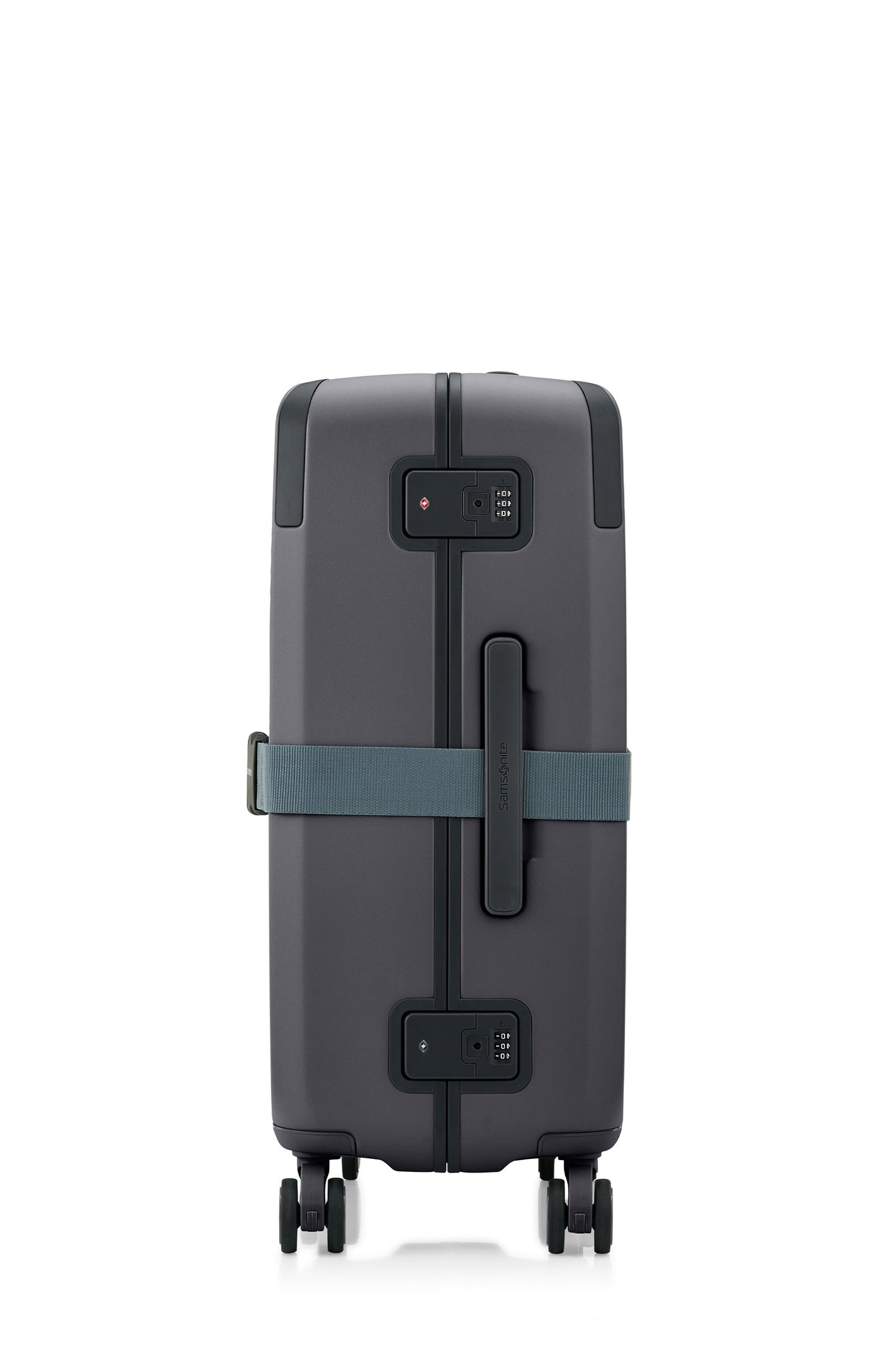 Side view of the Evox Spinner Medium luggage in Graphite strapped. Shop the Collection Online.
