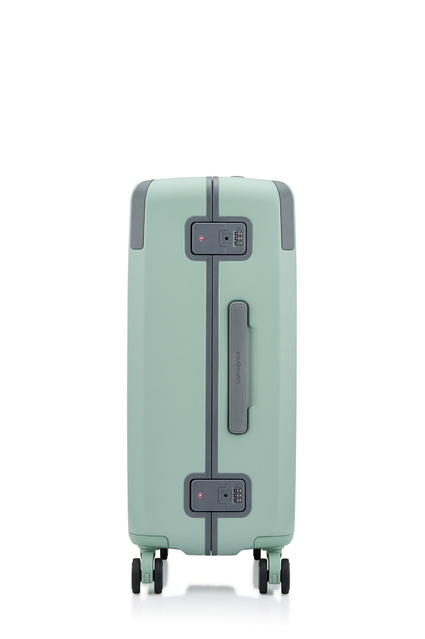 Side view of the Evox Spinner Medium luggage in Mint. Shop the Collection Online.