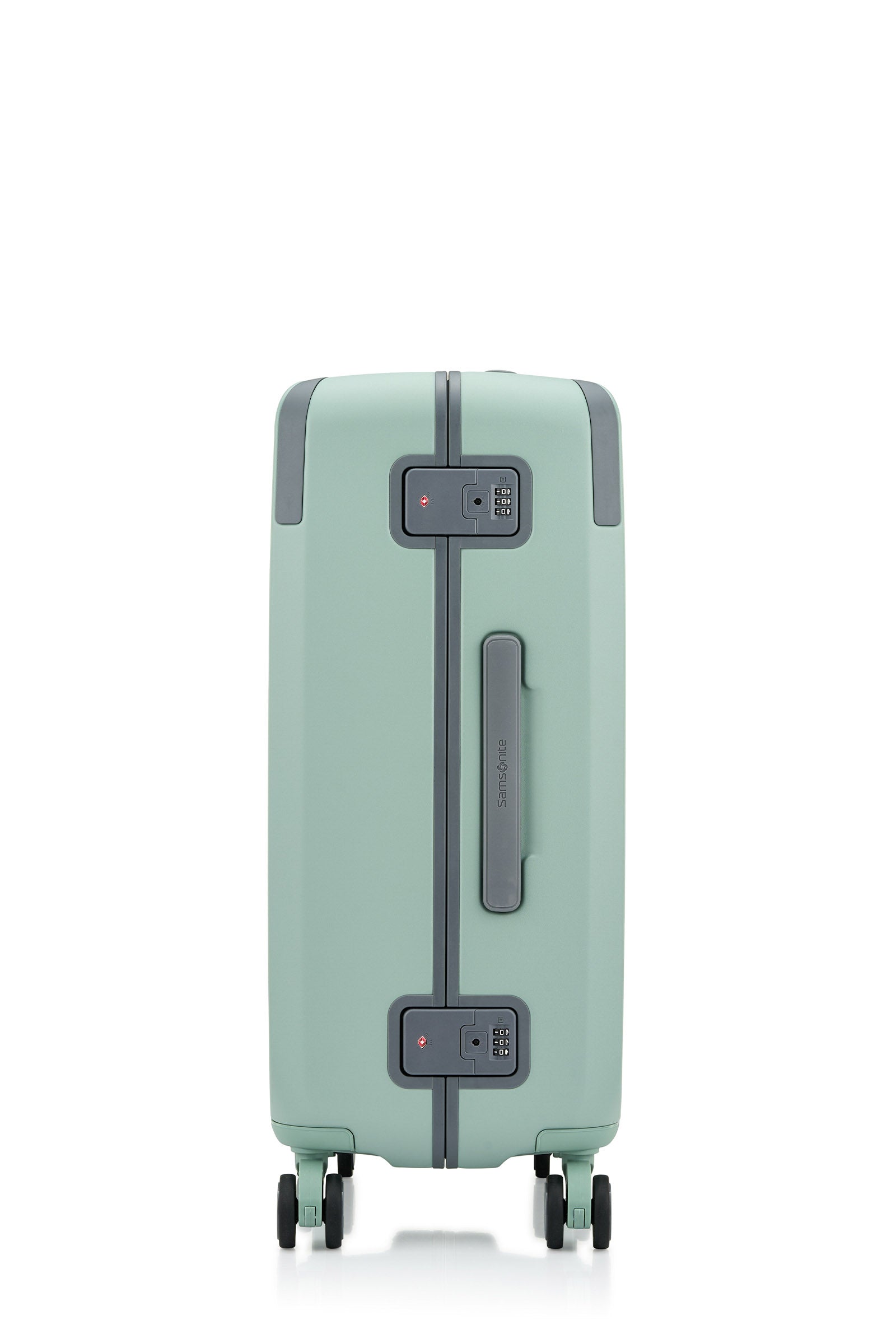 Side view of the Evox Spinner Medium luggage in Mint. Shop the Collection Online.