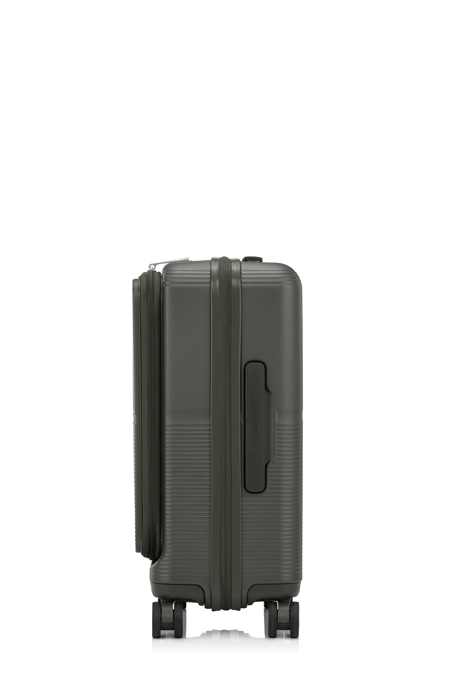 Side view of the Samsonite Flatform Spinner Cabin in Dark Moss. Shop the Latest Online