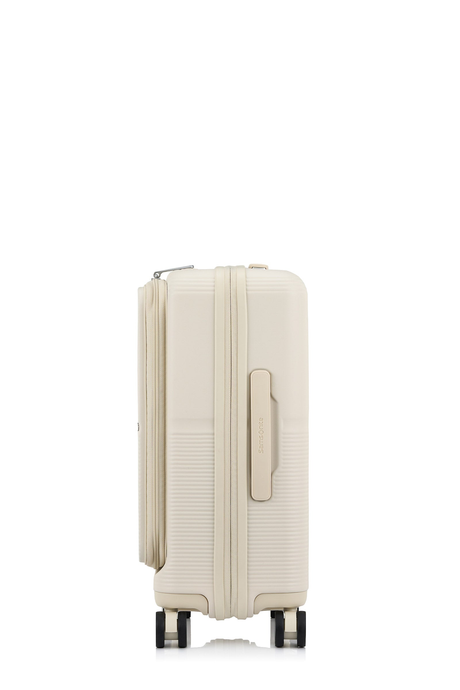 Side view of the Samsonite Flatform Spinner Cabin in Ivory. Shop the Latest Online