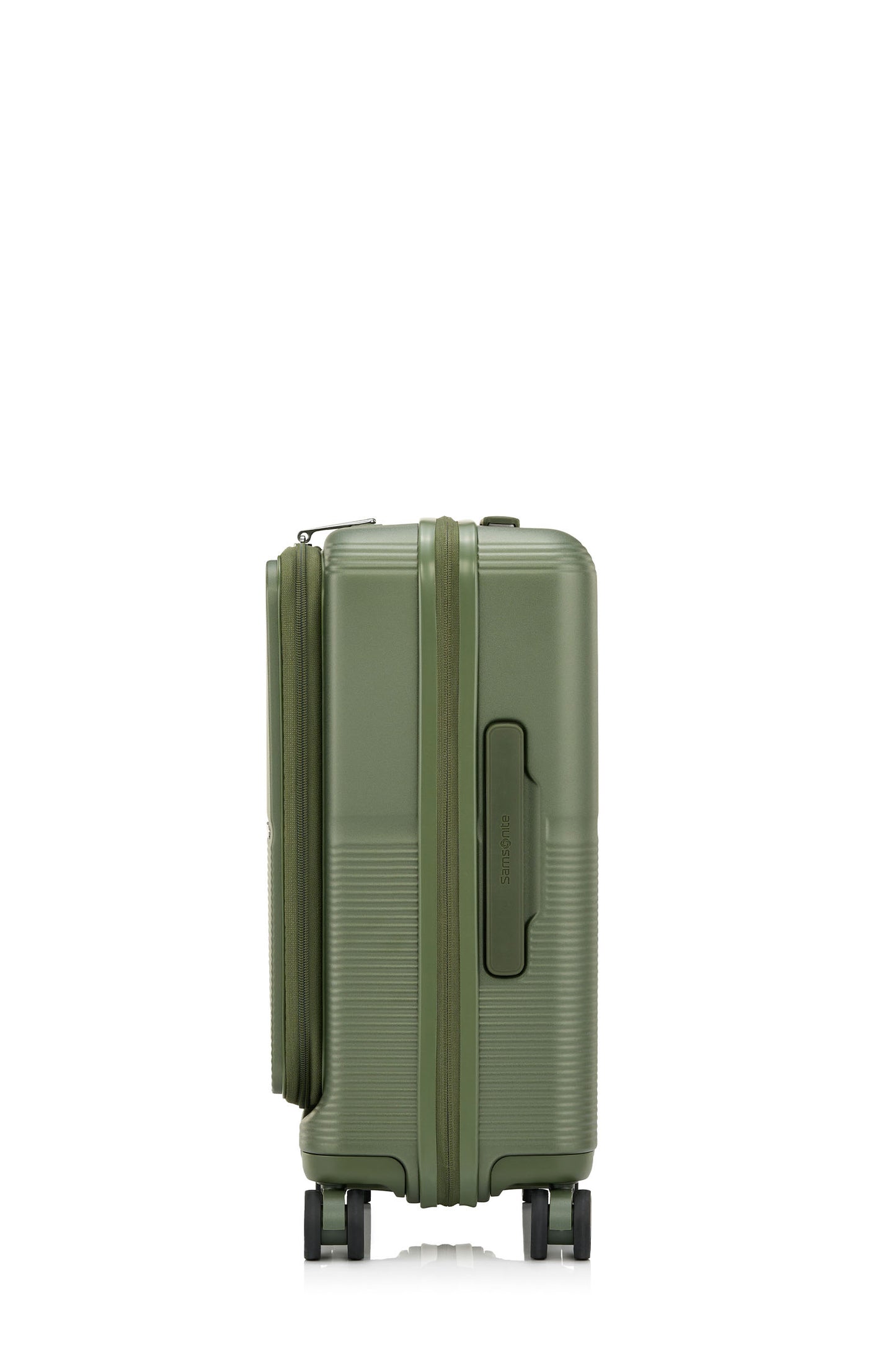 Side view of the Samsonite Flatform Spinner Cabin in Metallic Green. Shop the Latest Online