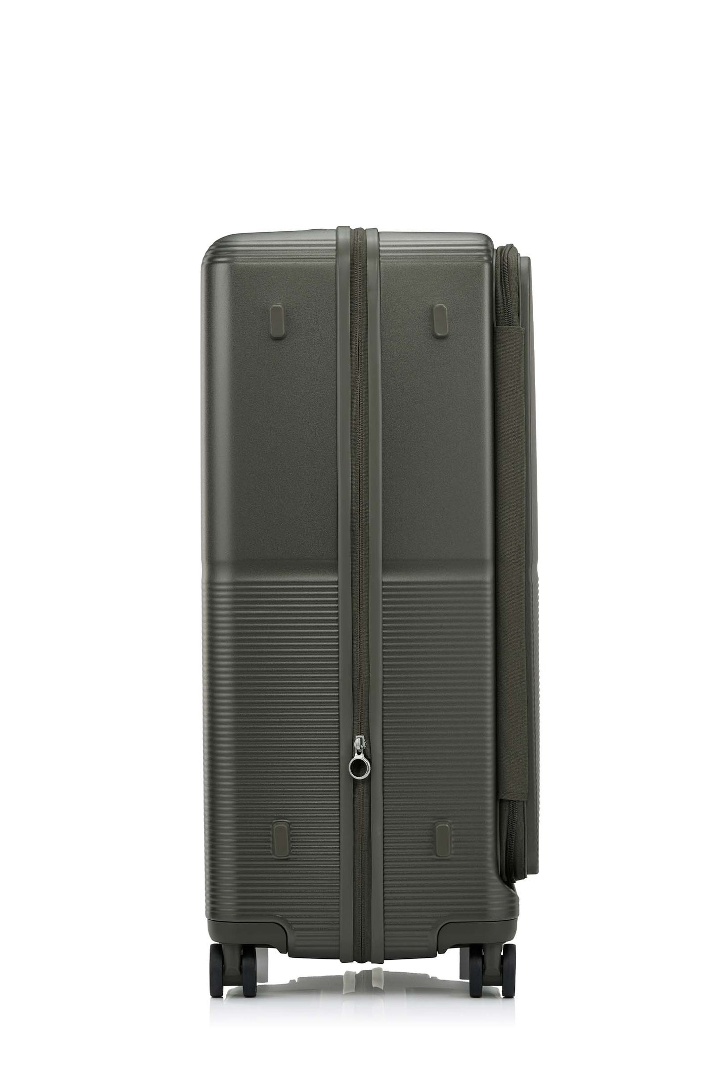 Side view of the Samsonite Flatform Spinner Large in Dark Moss. Shop the Latest Online