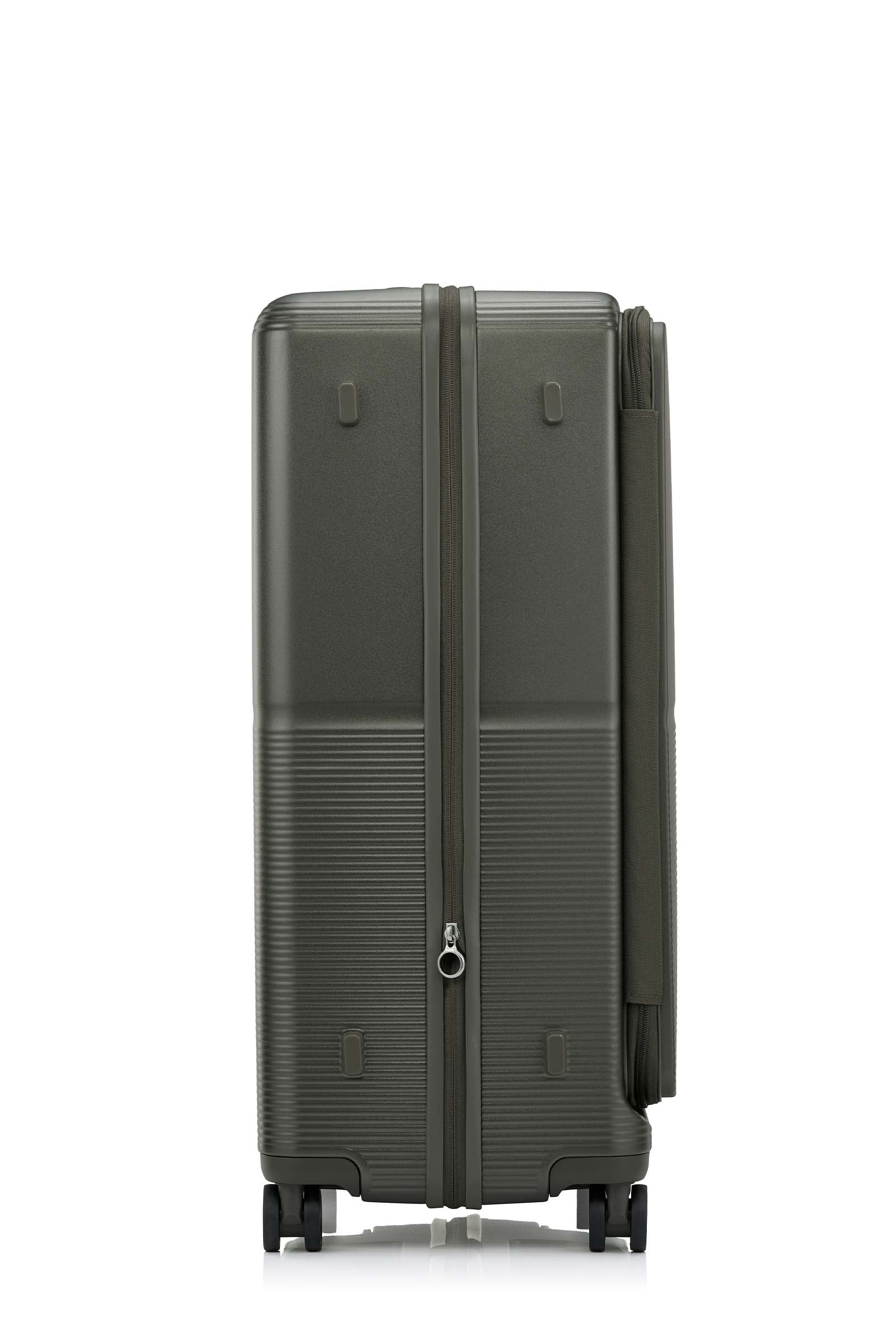 Side view of the Samsonite Flatform Spinner Large in Dark Moss. Shop the Latest Online