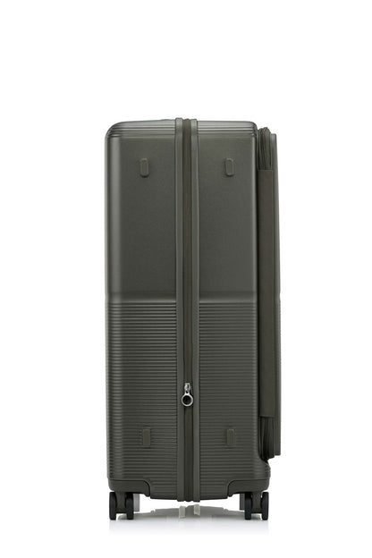 Side view of the Samsonite Flatform Spinner Large in Dark Moss. Shop the Latest Online