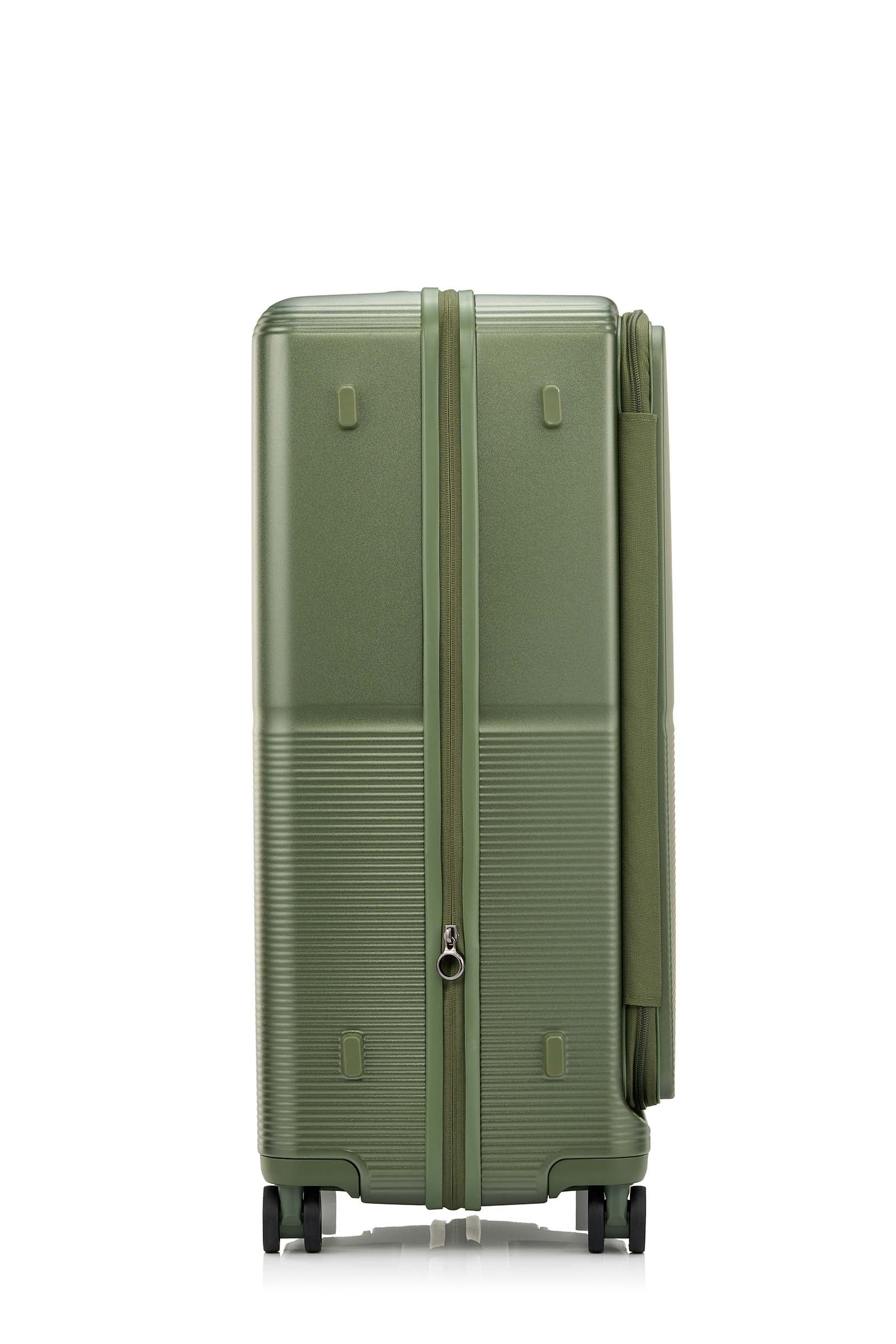 Side view of the Samsonite Flatform Spinner Large in Metallic Green. Shop the Latest Online