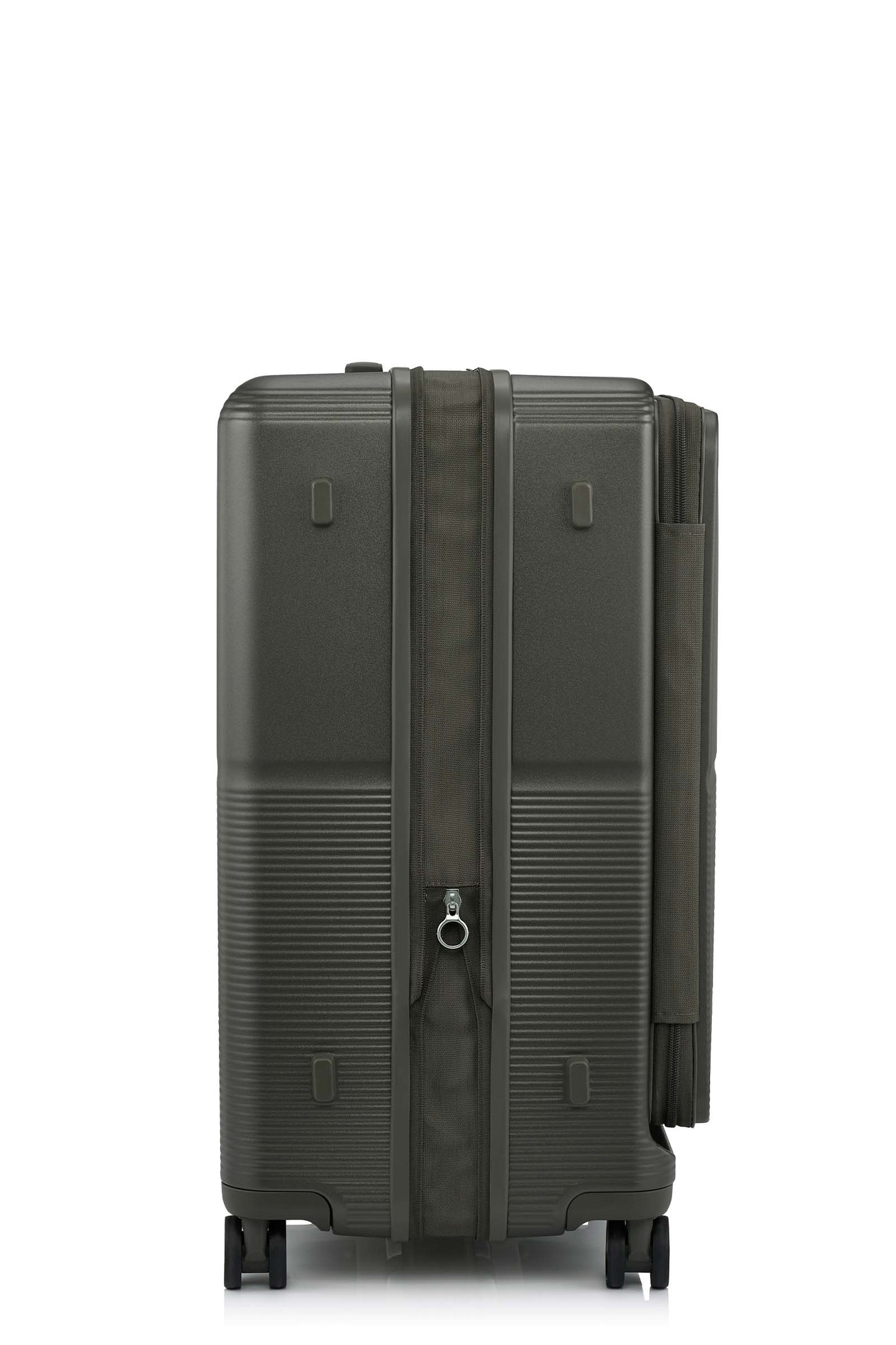 Side view of the Samsonite Flatform Spinner Medium in Dark Moss. Shop the Latest Online