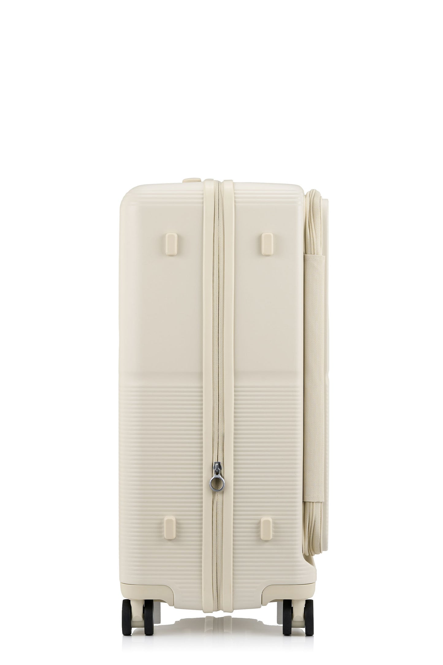 Side view of the Samsonite Flatform Spinner Medium in Ivory. Shop the Latest Online