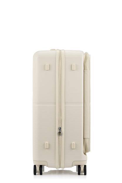 Side view of the Samsonite Flatform Spinner Medium in Ivory. Shop the Latest Online