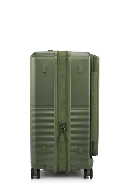 Side view of the Samsonite Flatform Spinner Medium in Metallic Green. Shop the Latest Online