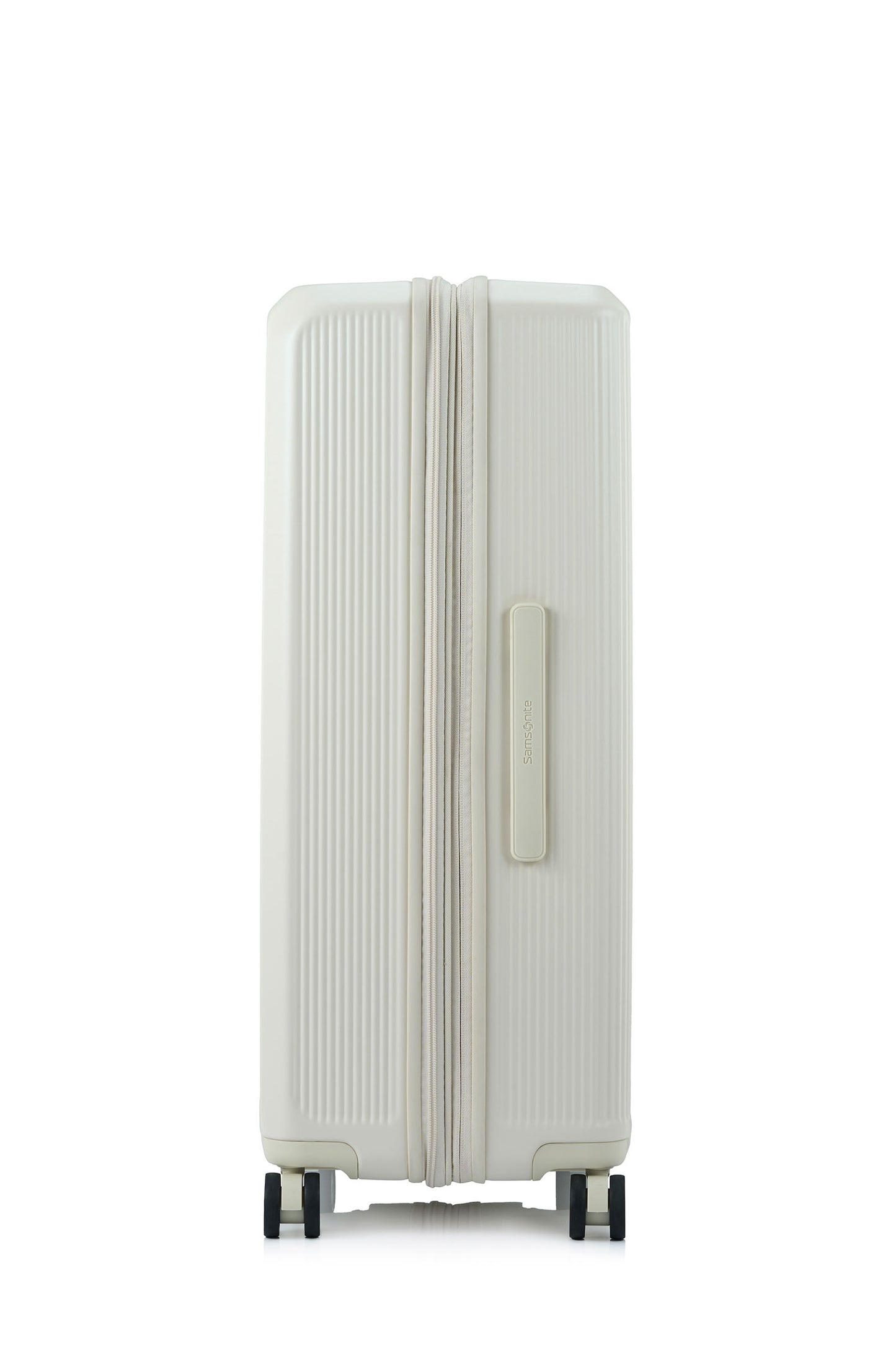 Side view of the Samsonite Voypod Spinner Large in Ivory, highlighting the elegant off-white hardshell and the seamless front-access pocket design. Shop Now Online