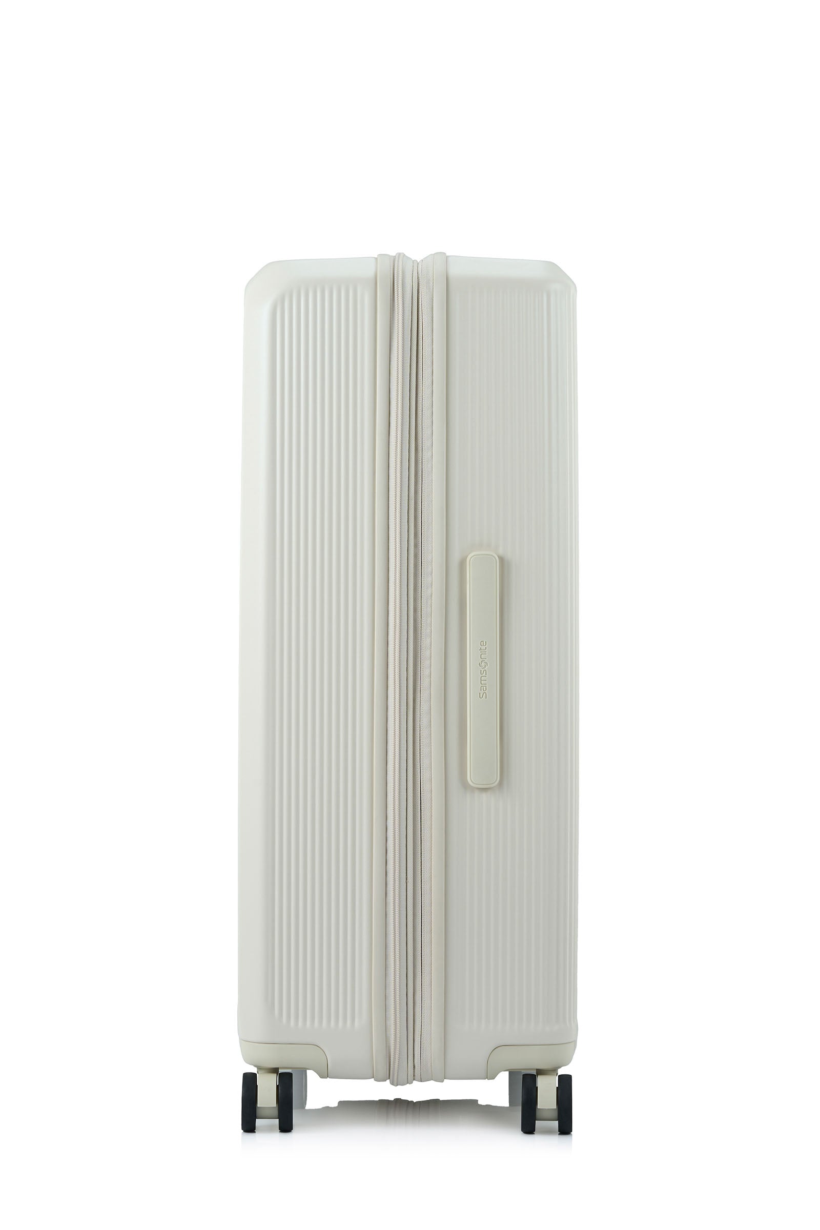 Side view of the Samsonite Voypod Spinner Large in Ivory, highlighting the elegant off-white hardshell and the seamless front-access pocket design. Shop Now Online