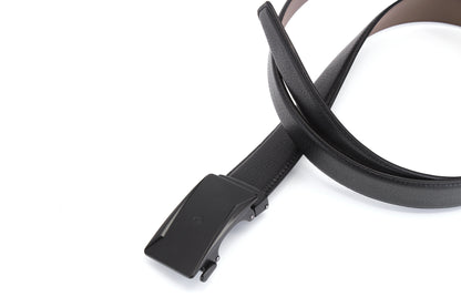 Twirled belt buckle view of the AAMIR Casual Auto Belt in Black. Find the Collection Online.